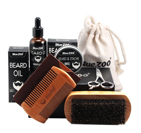 Black Bluezoo Beard Set Beard Oil Beard Wax Double Side Comb Brush Bag Small Scissors 7 Piece Set